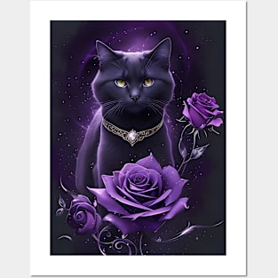 Mystical Purple Black Cat With Diamonds and Roses Posters and Art